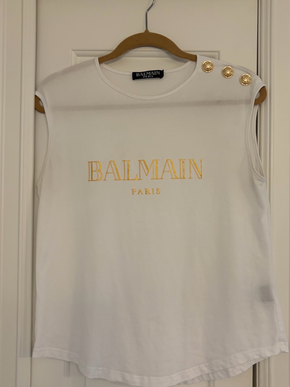 Balmain White Tank Top with Gold Logo and Buttons - Picture 4 of 5